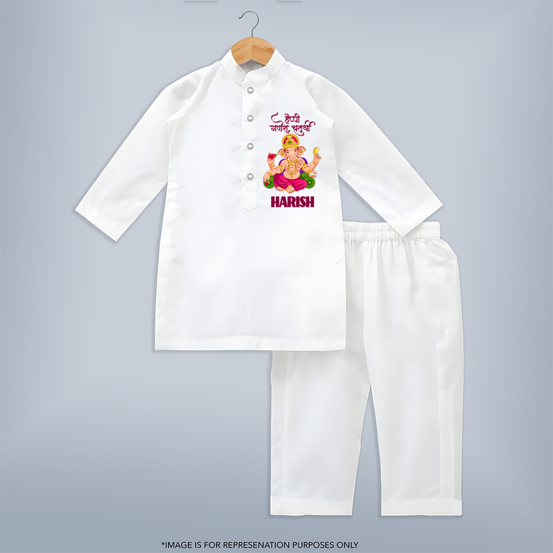 Happy Ganesh Chaturthi kurta Set | Custom Baby kurta Set for the Festival of Ganesh - WHITE - 3 - 6 Months Old (Chest 24", Kurta Length 14'', Waist 19", Pant Length 14")