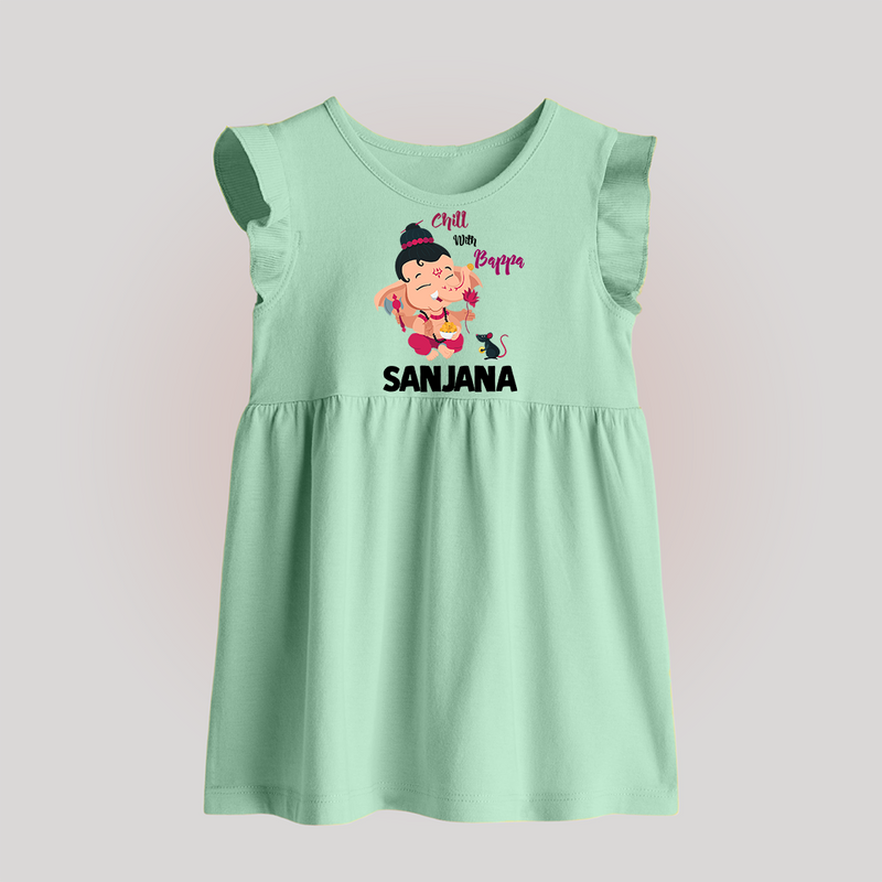 Chill With Bappa Baby Frock | Custom Baby Frock for Relaxing with Ganesha - MINT GREEN - 0 - 3 Months Old (Chest 17")