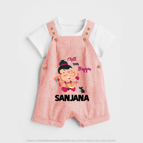 Chill With Bappa Dungaree | Custom Baby Dungaree for Relaxing with Ganesha - PEACH - 0 - 5 Months Old (Chest 18")