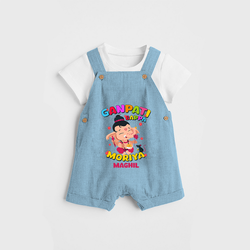 Ganesh Chaturthi Celebration - Ganpati Bappa Moriya Customized Dungaree For Kids - SKY BLUE - 0 - 5 Months Old (Chest 18")