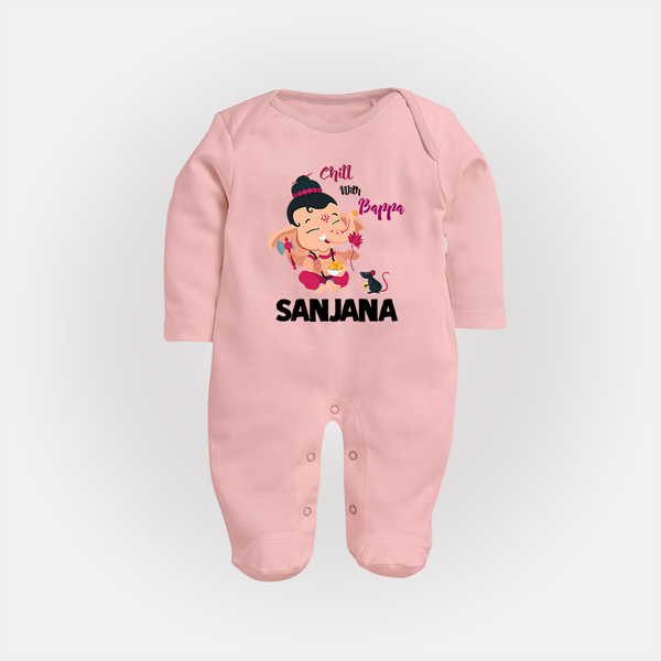 Chill With Bappa Sleep Suit | Custom Baby Sleep Suit for Relaxing with Ganesha - BABY PINK - New Born (Chest 7.5")