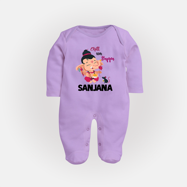 Chill With Bappa Sleep Suit | Custom Baby Sleep Suit for Relaxing with Ganesha - LILAC - New Born (Chest 7.5")