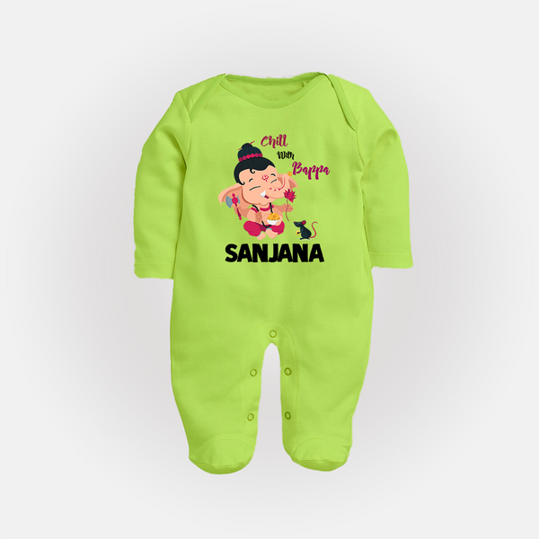 Chill With Bappa Sleep Suit | Custom Baby Sleep Suit for Relaxing with Ganesha - LIME GREEN - New Born (Chest 7.5")