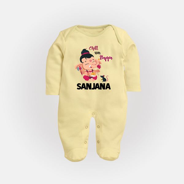 Chill With Bappa Sleep Suit | Custom Baby Sleep Suit for Relaxing with Ganesha - PASTEL YELLOW - New Born (Chest 7.5")