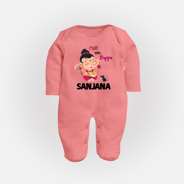 Chill With Bappa Sleep Suit | Custom Baby Sleep Suit for Relaxing with Ganesha - PEACH - New Born (Chest 7.5")