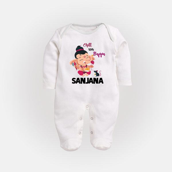 Chill With Bappa Sleep Suit | Custom Baby Sleep Suit for Relaxing with Ganesha - WHITE - New Born (Chest 7.5")