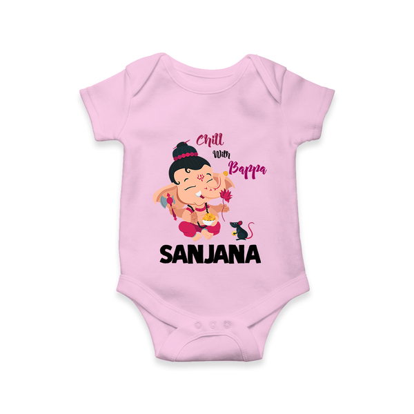 Chill With Bappa Romper / Onesie | Custom Baby Romper / Onesie for Relaxing with Ganesha - BABY PINK - New Born (Chest 14")