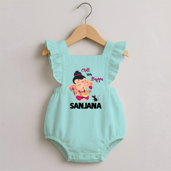 Chill With Bappa Romper Frock | Custom Baby Romper Frock for Relaxing with Ganesha - MINT GREEN - 0 - 3 Months Old (Chest 19")
