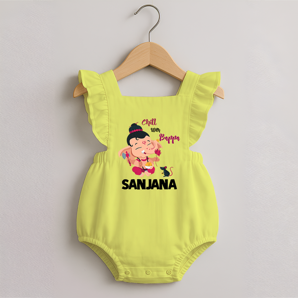 Chill With Bappa Romper Frock | Custom Baby Romper Frock for Relaxing with Ganesha - PASTEL YELLOW - 0 - 3 Months Old (Chest 19")