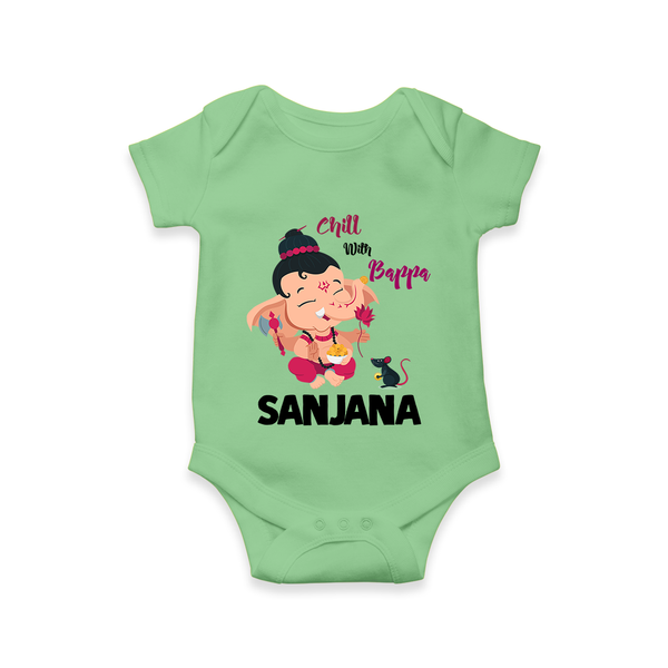 Chill With Bappa Romper / Onesie | Custom Baby Romper / Onesie for Relaxing with Ganesha - GREEN - New Born (Chest 14")