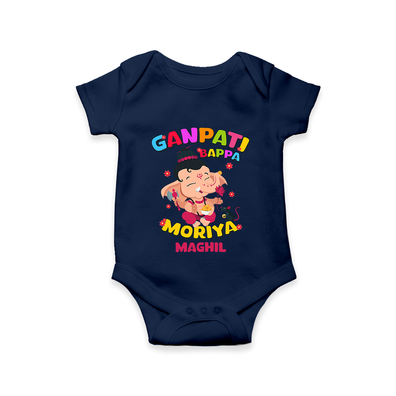 Ganesh Chaturthi Celebration - Ganpati Bappa Moriya Customized Romper For Kids - NAVY BLUE - 0 - 3 Months Old (Chest 16")