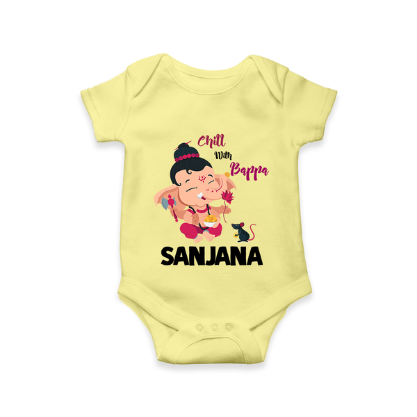 Chill With Bappa Romper / Onesie | Custom Baby Romper / Onesie for Relaxing with Ganesha - PASTEL YELLOW - New Born (Chest 14")