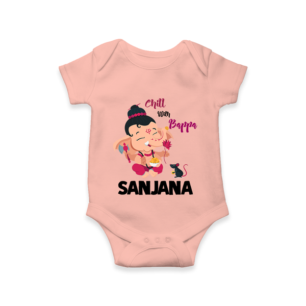 Chill With Bappa Romper / Onesie | Custom Baby Romper / Onesie for Relaxing with Ganesha - PEACH - New Born (Chest 14")