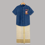 Ganesh Chaturthi Celebration - Ganpati Bappa Moriya Customized Shirt And Dhoti For Kids - DEEP BLUE - 0 - 6 Months Old (Chest-23") (Dhoti length-14")