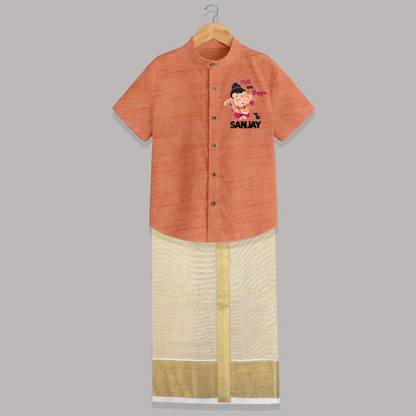 Chill With Bappa Shirt and Dhoti | Custom Baby Shirt and Dhoti for Relaxing with Ganesha - ORANGE - 0 - 6 Months Old (Chest-23") (Dhoti length-14")