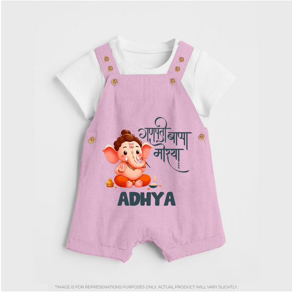 Ganapati Bappa Morya Dungaree | Custom Baby Dungaree for Ganesh Chaturthi Celebrations - BABY PINK - 0 - 5 Months Old (Chest 18")