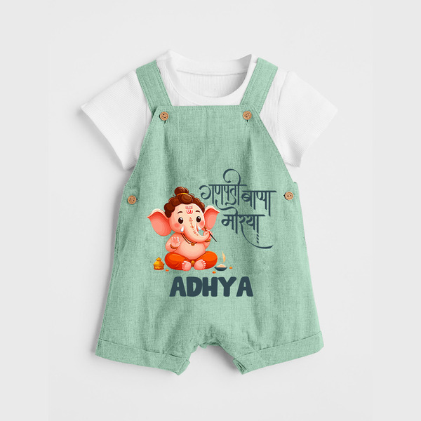 Ganapati Bappa Morya Dungaree | Custom Baby Dungaree for Ganesh Chaturthi Celebrations - MINT GREEN - 0 - 5 Months Old (Chest 18")