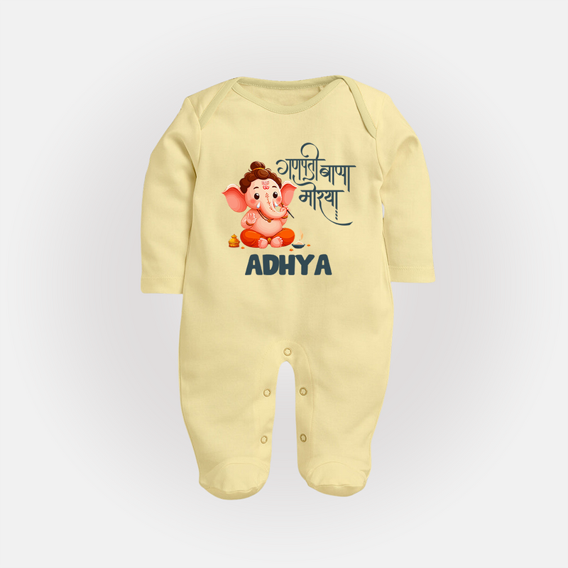 Ganapati Bappa Morya Sleep Suit | Custom Baby Sleep Suit for Ganesh Chaturthi Celebrations - PASTEL YELLOW - New Born (Chest 7.5")
