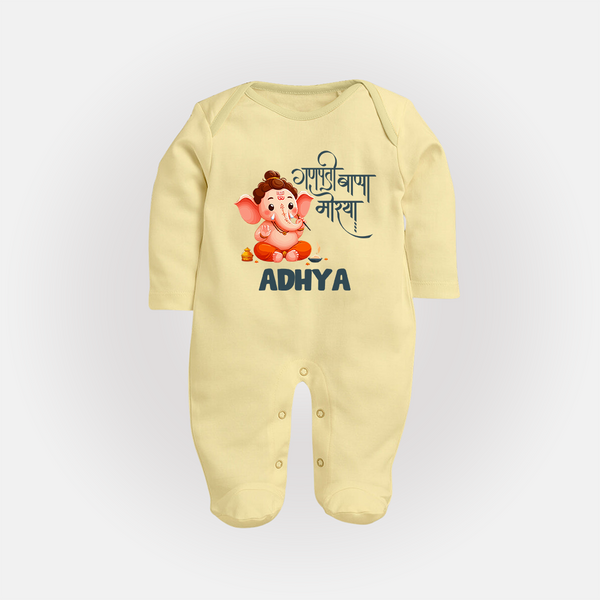 Ganapati Bappa Morya Sleep Suit | Custom Baby Sleep Suit for Ganesh Chaturthi Celebrations - PASTEL YELLOW - New Born (Chest 7.5")
