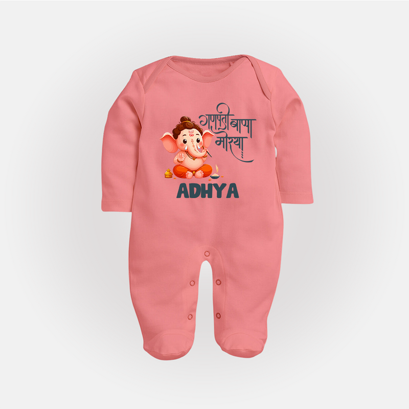 Ganapati Bappa Morya Sleep Suit | Custom Baby Sleep Suit for Ganesh Chaturthi Celebrations - PEACH - New Born (Chest 7.5")
