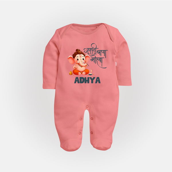 Ganapati Bappa Morya Sleep Suit | Custom Baby Sleep Suit for Ganesh Chaturthi Celebrations - PEACH - New Born (Chest 7.5")