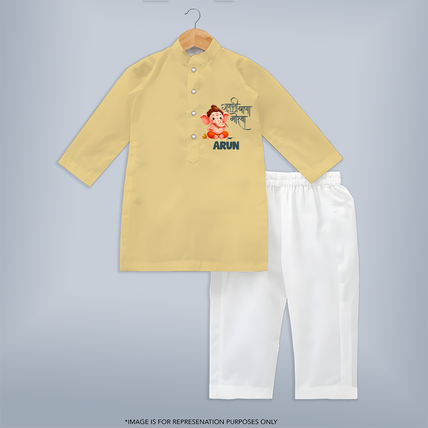 Ganapati Bappa Morya kurta Set | Custom Baby kurta Set for Ganesh Chaturthi Celebrations - PASTEL YELLOW - 3 - 6 Months Old (Chest 24", Kurta Length 14'', Waist 19", Pant Length 14")