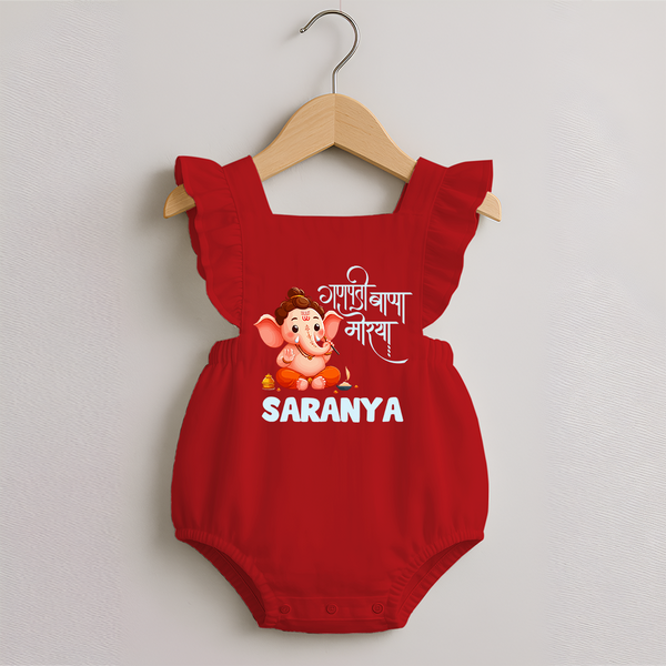 Ganapati Bappa Morya Romper Frock | Custom Baby Romper Frock for Ganesh Chaturthi Celebrations - RED - 0 - 3 Months Old (Chest 19")