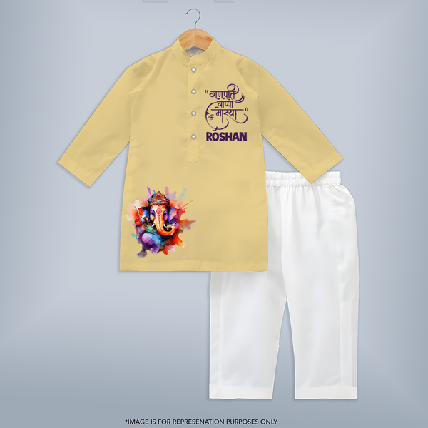 Ganpati Bappa Morya Special Edition Kurta set | Personalized Baby Kurta set for Ganesh Chaturthi - PASTEL YELLOW - 3 - 6 Months Old (Chest 24", Kurta Length 14'', Waist 19", Pant Length 14")
