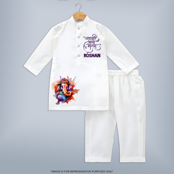 Ganpati Bappa Morya Special Edition Kurta set | Personalized Baby Kurta set for Ganesh Chaturthi - WHITE - 3 - 6 Months Old (Chest 24", Kurta Length 14'', Waist 19", Pant Length 14")