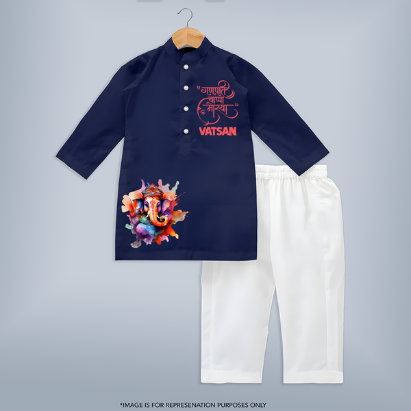 Ganpati Bappa Morya Special Edition Kurta set | Personalized Baby Kurta set for Ganesh Chaturthi - NAVY BLUE - 3 - 6 Months Old (Chest 24", Kurta Length 14'', Waist 19", Pant Length 14")