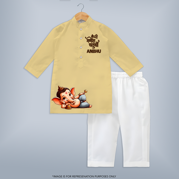 Happy Ganesh Chaturthi Special Edition Kurta set | Custom Baby Kurta set for the Festival of Ganesh - PASTEL YELLOW - 3 - 6 Months Old (Chest 24", Kurta Length 14'', Waist 19", Pant Length 14")