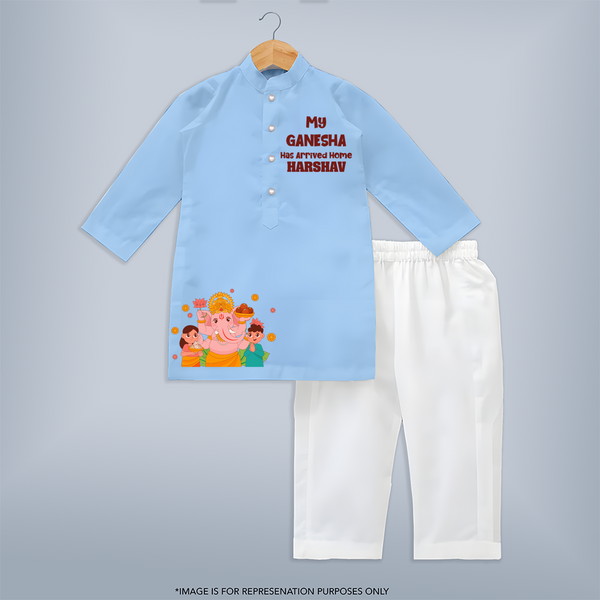 My Ganesha Has Arrived Home Special Edition Kurta set | Personalized Baby Kurta set for Ganesh Chaturthi Celebration - BABY BLUE - 3 - 6 Months Old (Chest 24", Kurta Length 14'', Waist 19", Pant Length 14")