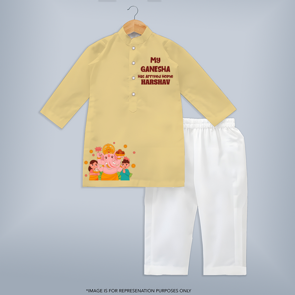 My Ganesha Has Arrived Home Special Edition Kurta set | Personalized Baby Kurta set for Ganesh Chaturthi Celebration - PASTEL YELLOW - 3 - 6 Months Old (Chest 24", Kurta Length 14'', Waist 19", Pant Length 14")