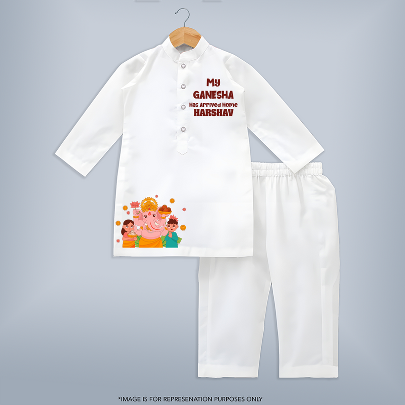 My Ganesha Has Arrived Home Special Edition Kurta set | Personalized Baby Kurta set for Ganesh Chaturthi Celebration - WHITE - 3 - 6 Months Old (Chest 24", Kurta Length 14'', Waist 19", Pant Length 14")
