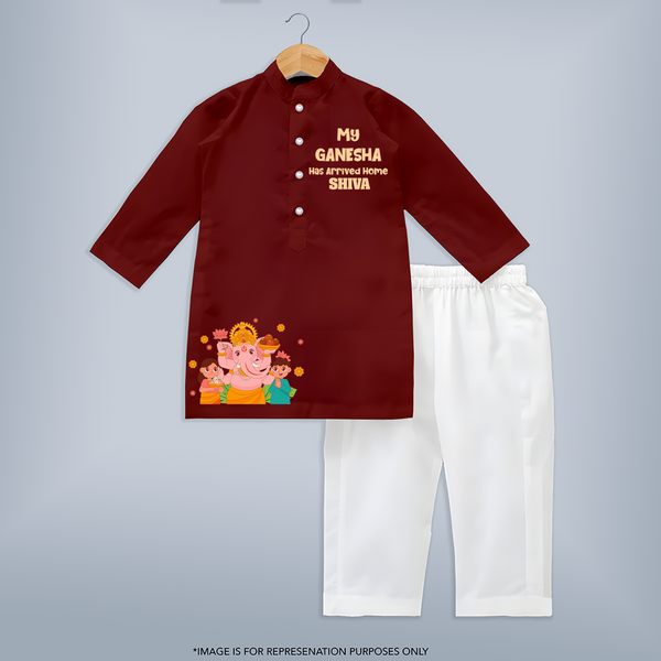 My Ganesha Has Arrived Home Special Edition Kurta set | Personalized Baby Kurta set for Ganesh Chaturthi Celebration - MAROON - 3 - 6 Months Old (Chest 24", Kurta Length 14'', Waist 19", Pant Length 14")
