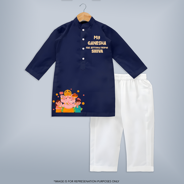 My Ganesha Has Arrived Home Special Edition Kurta set | Personalized Baby Kurta set for Ganesh Chaturthi Celebration - NAVY BLUE - 3 - 6 Months Old (Chest 24", Kurta Length 14'', Waist 19", Pant Length 14")