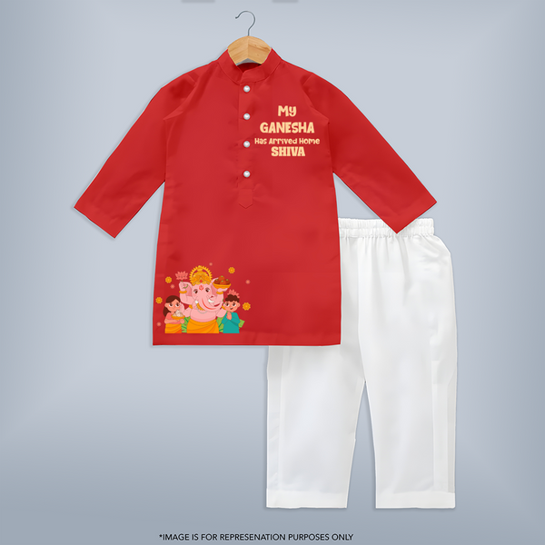 My Ganesha Has Arrived Home Special Edition Kurta set | Personalized Baby Kurta set for Ganesh Chaturthi Celebration - RED - 3 - 6 Months Old (Chest 24", Kurta Length 14'', Waist 19", Pant Length 14")