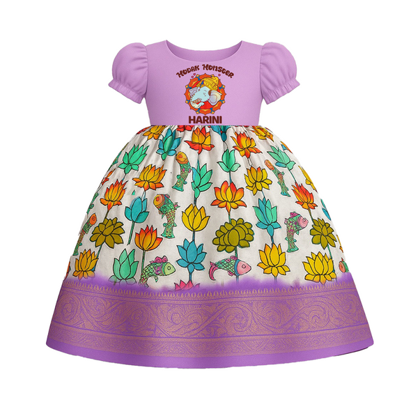 Modak Monster Pattu Pavada | Personalized Baby Outfit for Ganesha Celebration - LILAC - 0 - 3 Months Old (Chest 18")