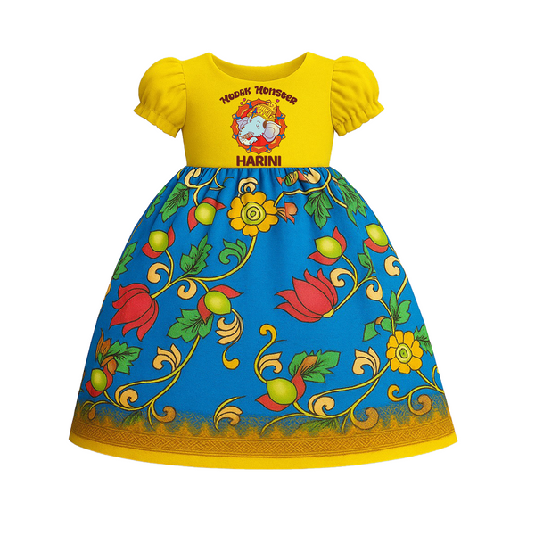 Modak Monster Pattu Pavada | Personalized Baby Outfit for Ganesha Celebration - YELLOW - 0 - 3 Months Old (Chest 18")