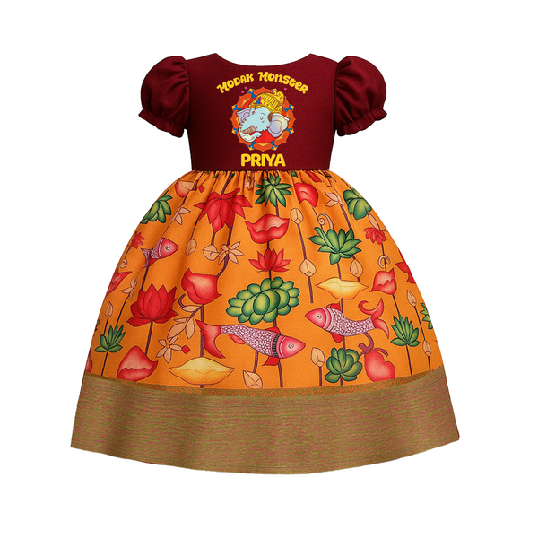 Modak Monster Pattu Pavada | Personalized Baby Outfit for Ganesha Celebration - RED - 0 - 3 Months Old (Chest 18")