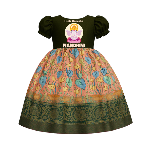 Little Ganesha Pattu Pavada | Custom Baby Pattu Pavada for Ganapati Devotees - DARK GREEN - 0 - 3 Months Old (Chest 18")