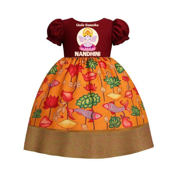 Little Ganesha Pattu Pavada | Custom Baby Pattu Pavada for Ganapati Devotees - RED - 0 - 3 Months Old (Chest 18")
