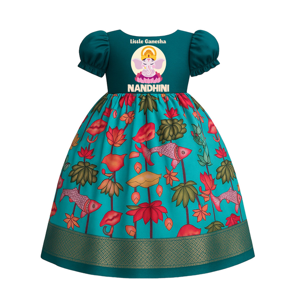 Little Ganesha Pattu Pavada | Custom Baby Pattu Pavada for Ganapati Devotees - TEAL - 0 - 3 Months Old (Chest 18")