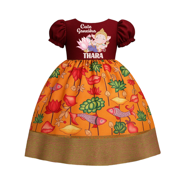 Cute Ganesha Pattu Pavada | Personalized Baby Outfit for Little Ganesha - RED - 0 - 3 Months Old (Chest 18")