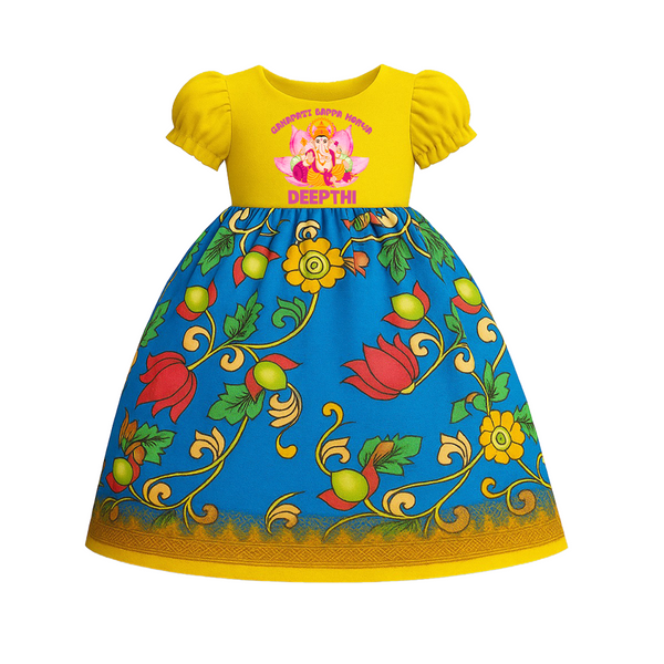 Ganapati Bappa Morya Pattu Pavada | Custom Baby Pattu Pavada for Ganesha Blessings - YELLOW - 0 - 3 Months Old (Chest 18")