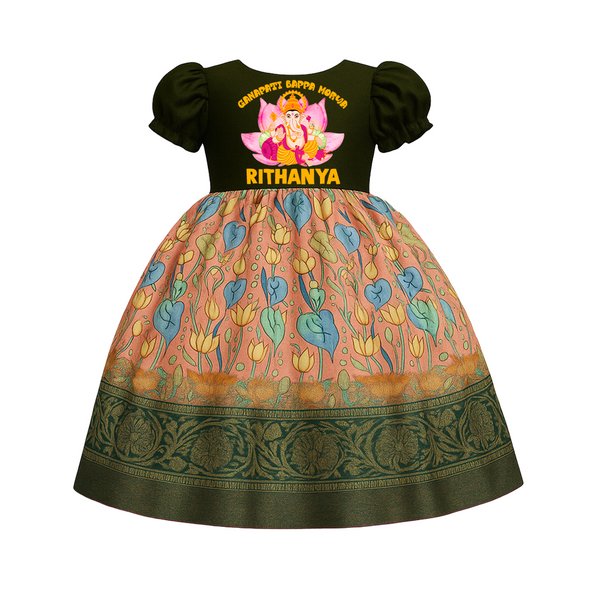 Ganapati Bappa Morya Pattu Pavada | Custom Baby Pattu Pavada for Ganesha Blessings - DARK GREEN - 0 - 3 Months Old (Chest 18")