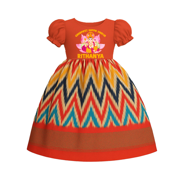 Ganapati Bappa Morya Pattu Pavada | Custom Baby Pattu Pavada for Ganesha Blessings - ORANGE - 0 - 3 Months Old (Chest 18")