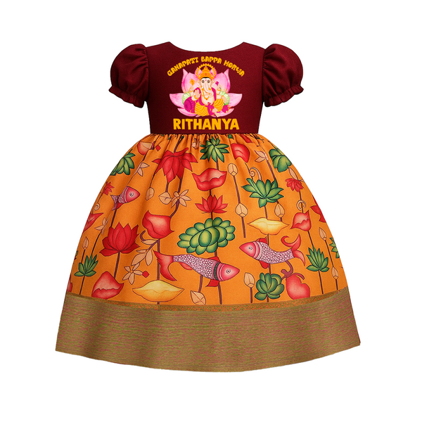 Ganapati Bappa Morya Pattu Pavada | Custom Baby Pattu Pavada for Ganesha Blessings - RED - 0 - 3 Months Old (Chest 18")