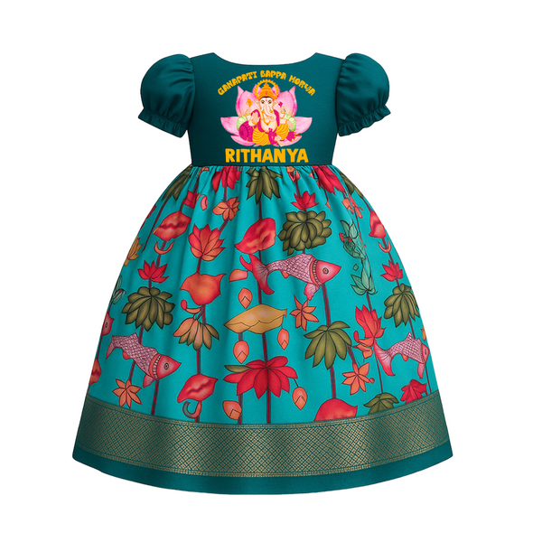 Ganapati Bappa Morya Pattu Pavada | Custom Baby Pattu Pavada for Ganesha Blessings - TEAL - 0 - 3 Months Old (Chest 18")