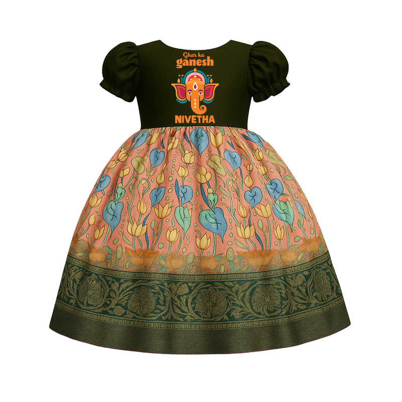 Ghar Ka Ganesha Pattu Pavada | Personalized Baby Pattu Pavada for Ganapati Celebration - DARK GREEN - 0 - 3 Months Old (Chest 18")